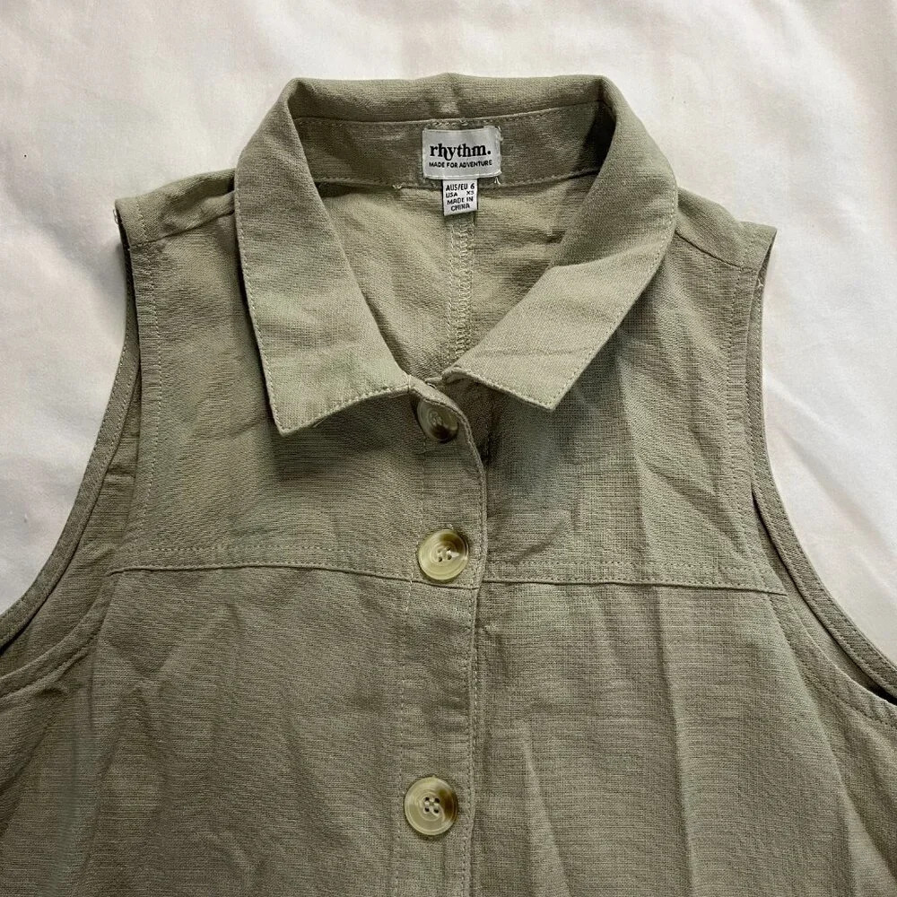 Rhythm | Women's Sage Green Linen Blend Button Up Sleeveless Dress NWT | Size XS - Picture 3 of 6